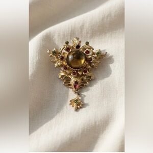 Vintage Victorian Revival Brooch Green Glass Cabochon Dangle Rhinestone Pin